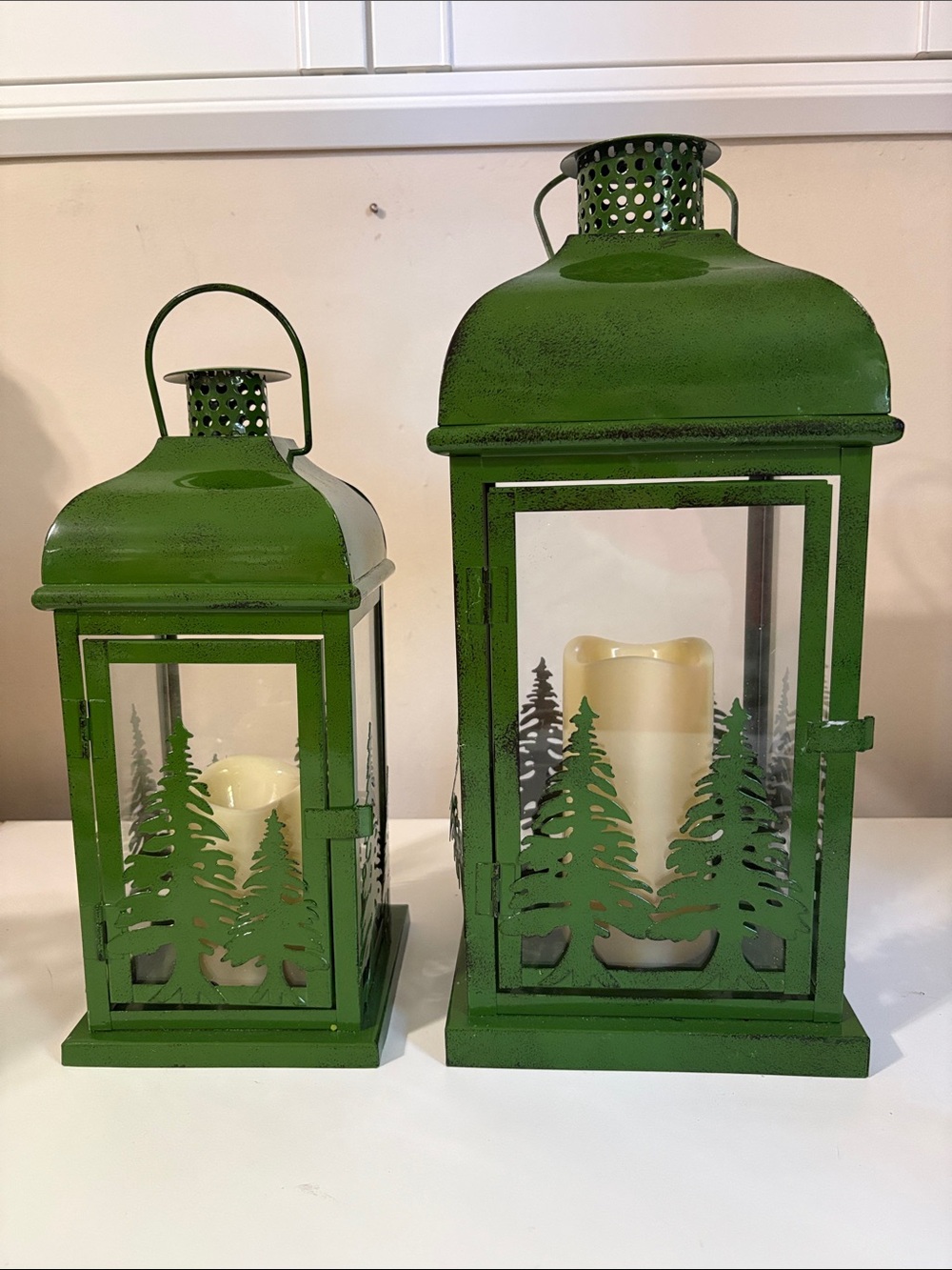 Green Pine Tree Metal Lantern -